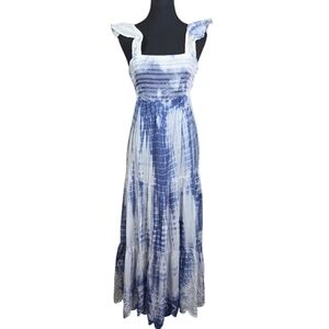 Blue Island Maxi Dress With Tie Back And Feminine Flutter Sleeves Size Small
